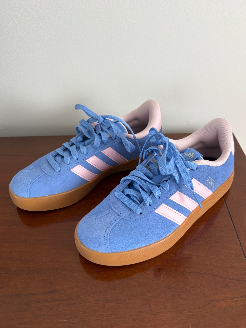 adidas Kid’s Blue Suede Sneakers with Pink Stripes and Gum Sole